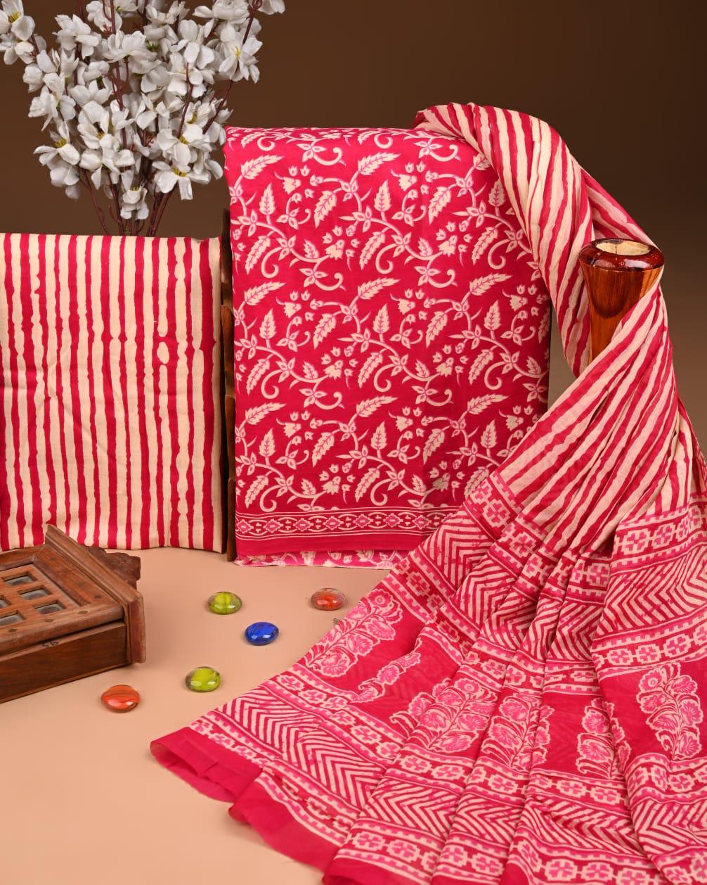 ELEGANT HAND BLOCK PRINT COTTON SUIT SET WITH MULMUL DUPATTA(WACOTMU02)