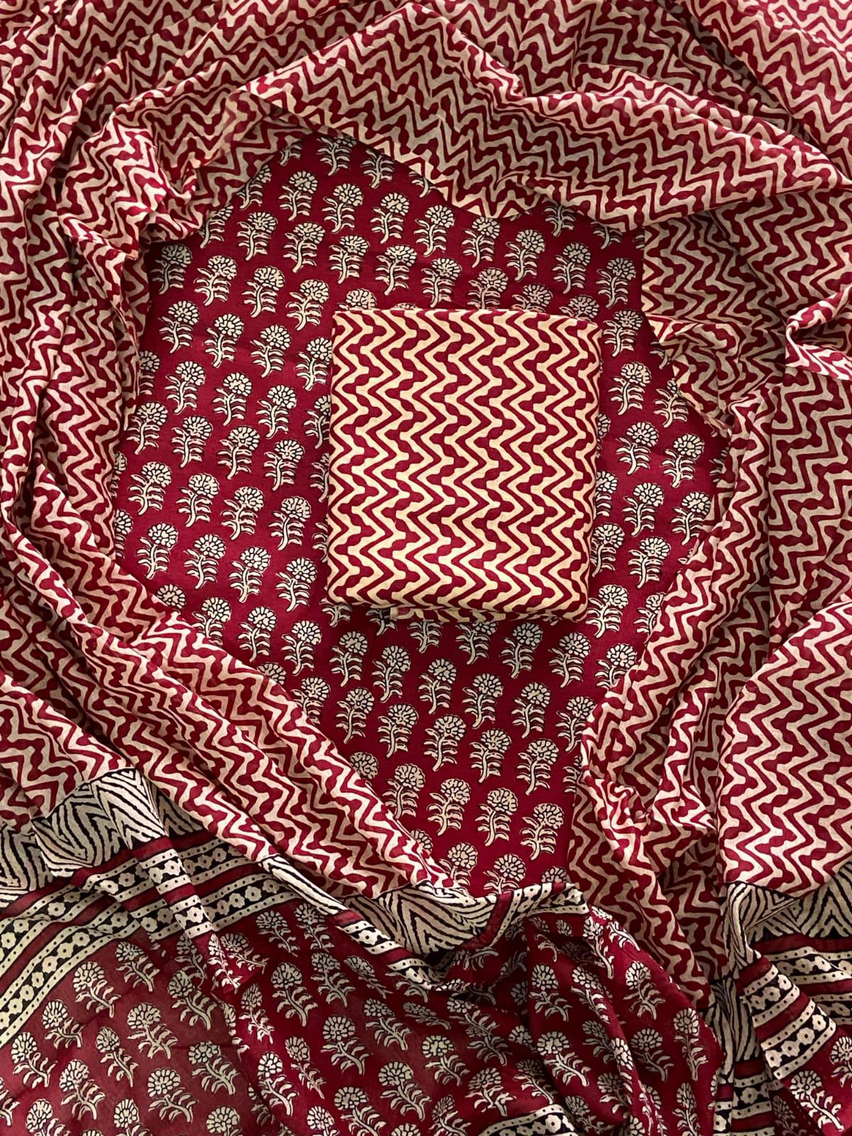 Designer Hand Block Print Cotton Suit Set with Mulmul Dupatta(WACOTMU120)