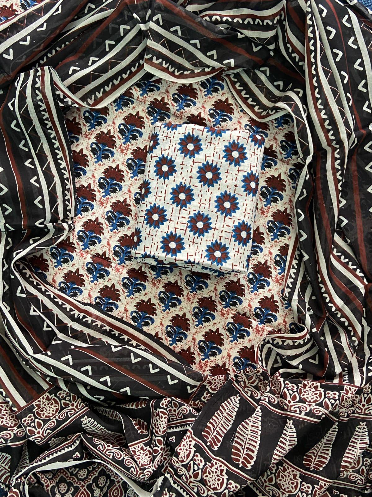 Designer Hand Block Print Cotton Suit Set with Mulmul Dupatta(WACOTMU121)