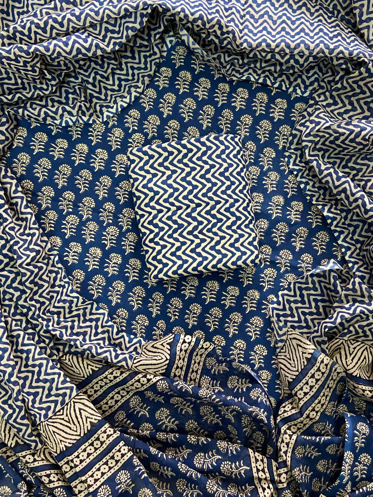 Designer Hand Block Print Cotton Suit Set with Mulmul Dupatta(WACOTMU127)
