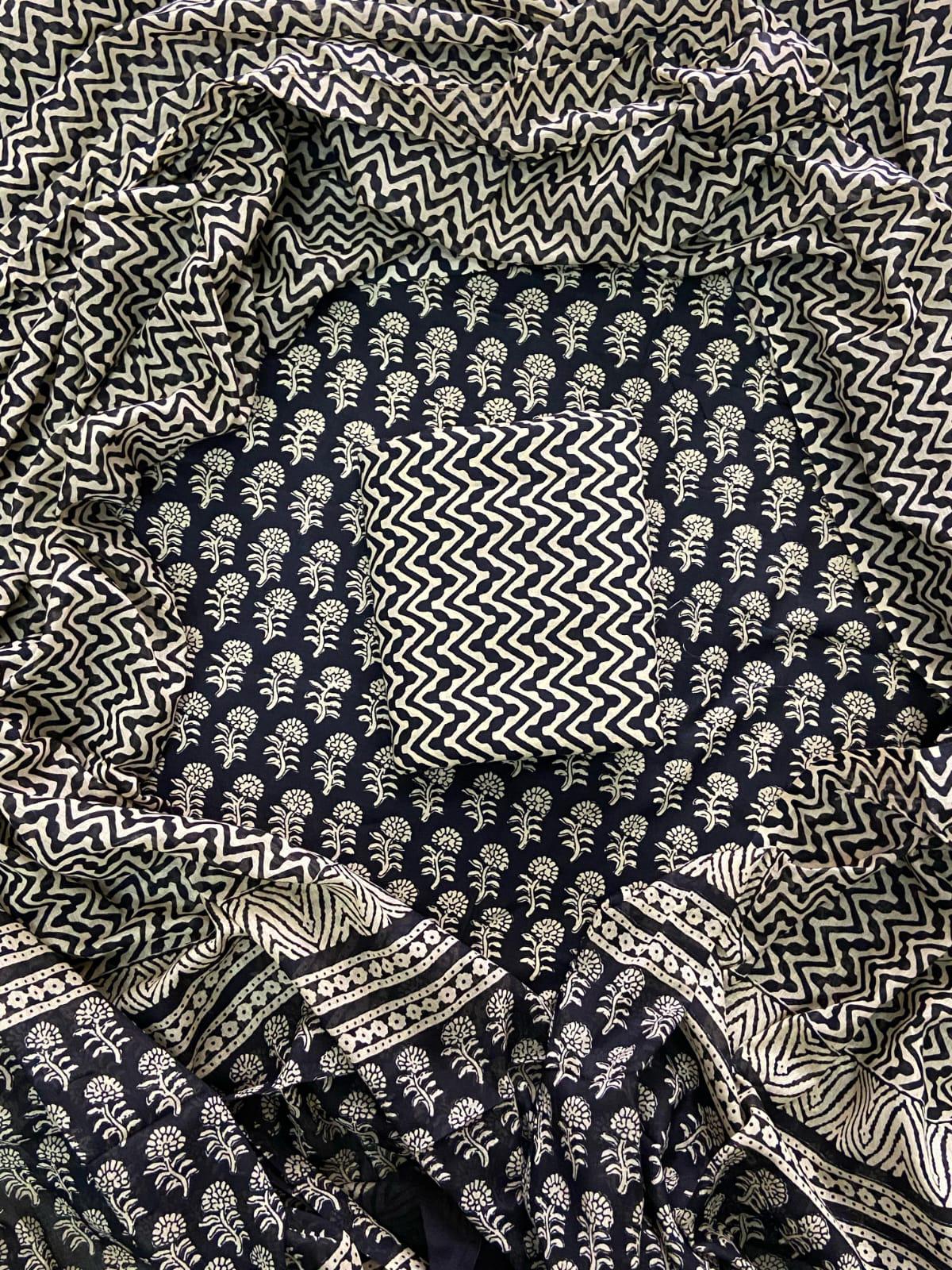 Designer Hand Block Print Cotton Suit Set with Mulmul Dupatta(WACOTMU129)