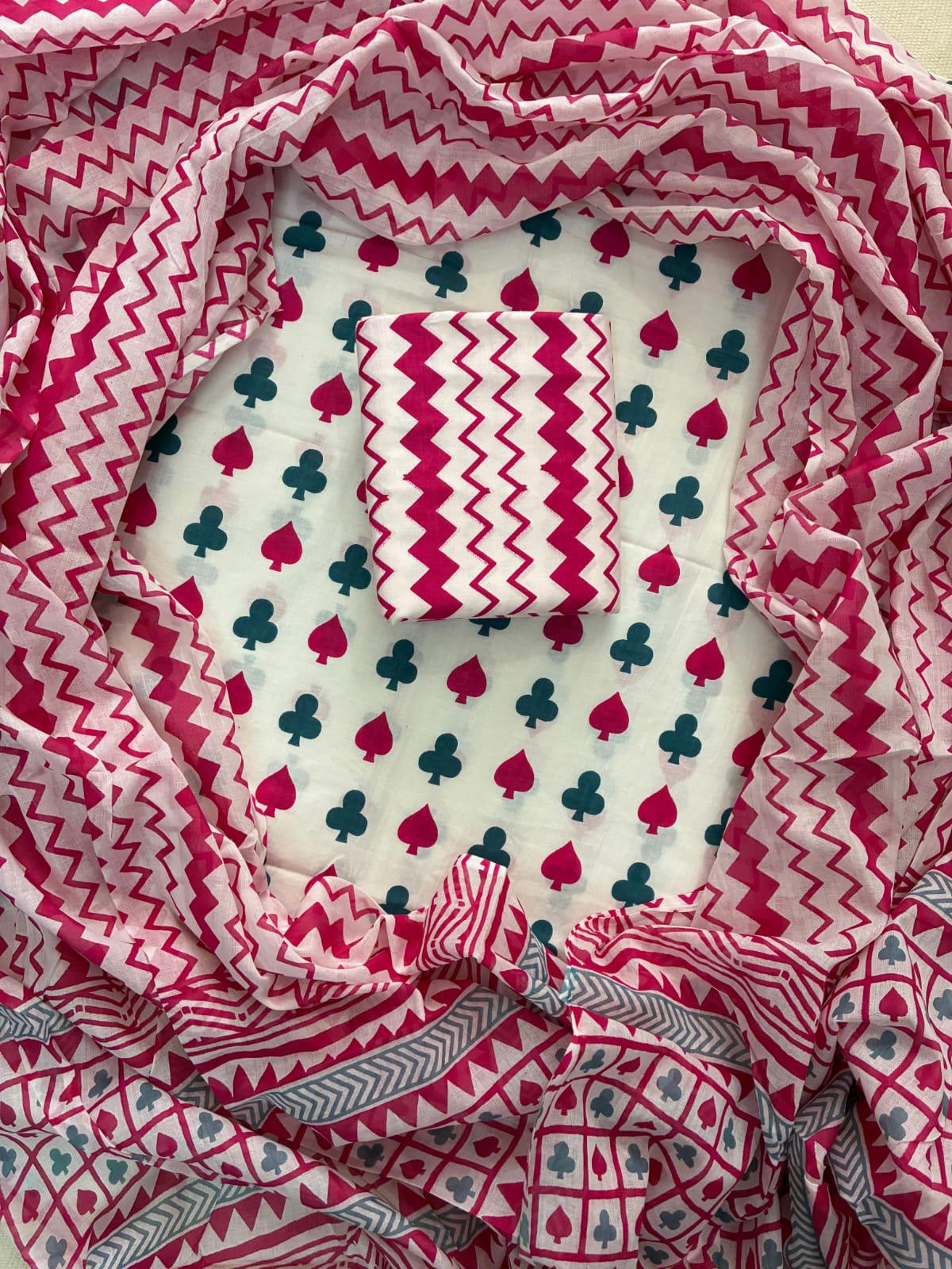 Designer Hand Block Print Cotton Suit Set with Mulmul Dupatta(WACOTMU155)