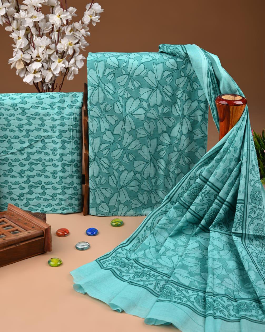 Designer Hand Block Print Cotton Suit Set with Mulmul Dupatta(WACOTMU173)
