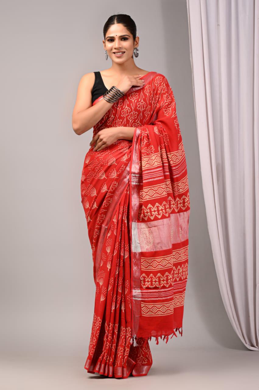 Hand Block Printed Linen Saree With Unstitched Blouse (SWSRLIL28)