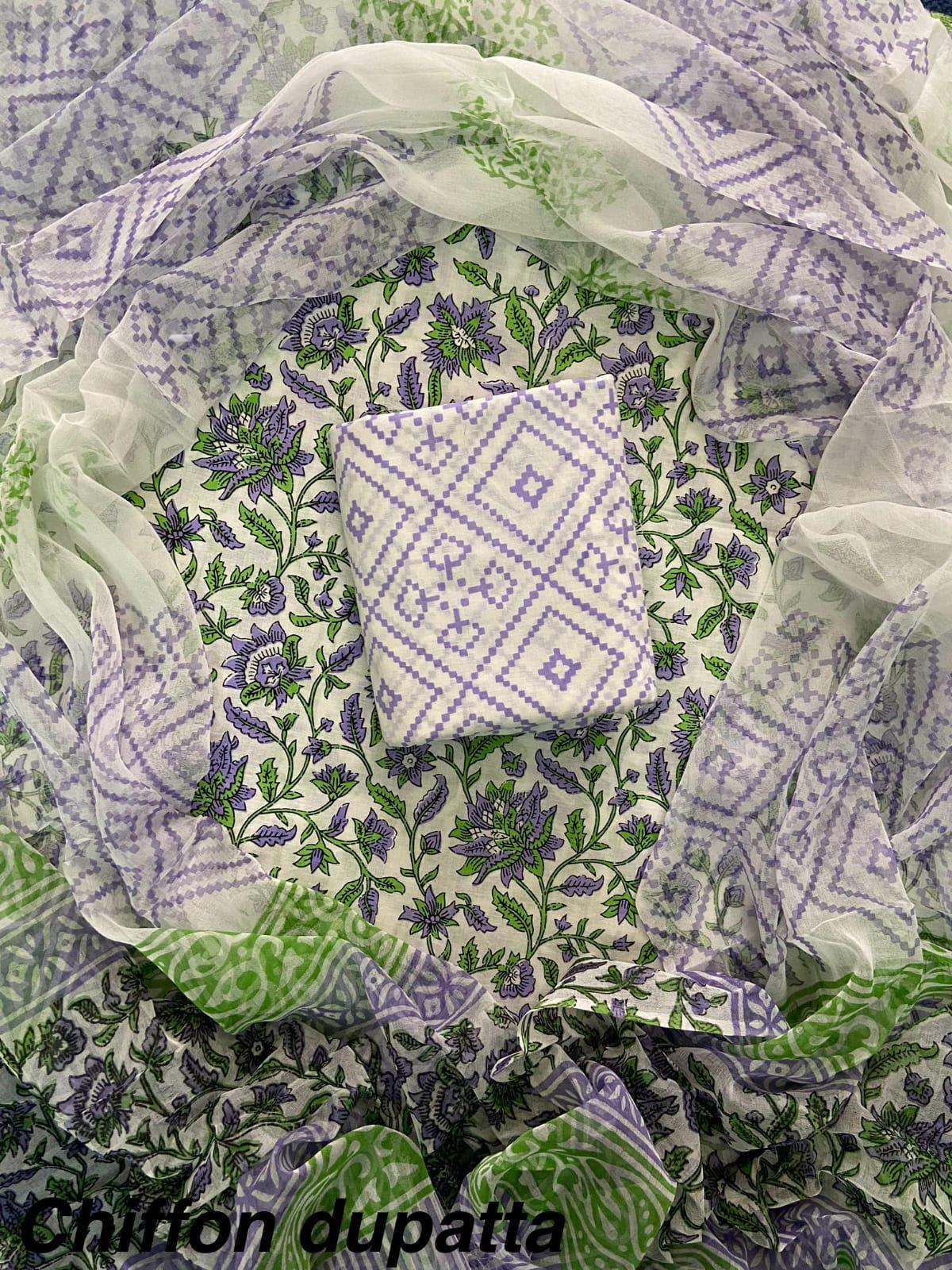 JAAL HAND BLOCK PRINT COTTON SUIT SET WITH CHIFFON DUPATTA(WACFCOTMU99)