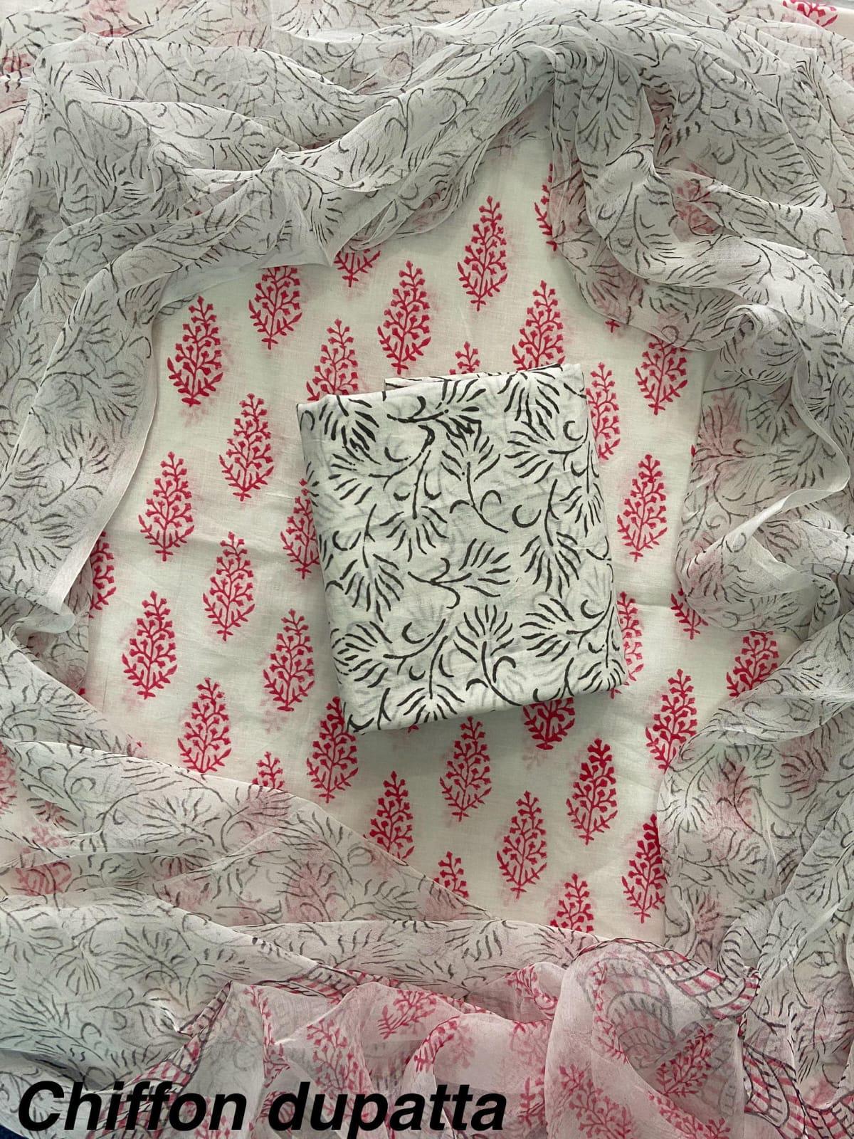 JAAL HAND BLOCK PRINT COTTON SUIT SET WITH CHIFFON DUPATTA(WACFCOTMU98)