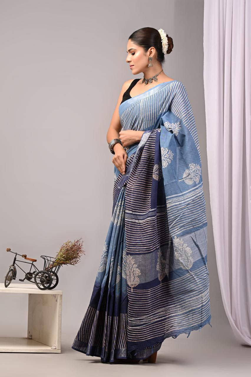 Hand Block Printed Linen Saree With Unstitched Blouse (SWSRLIL22)