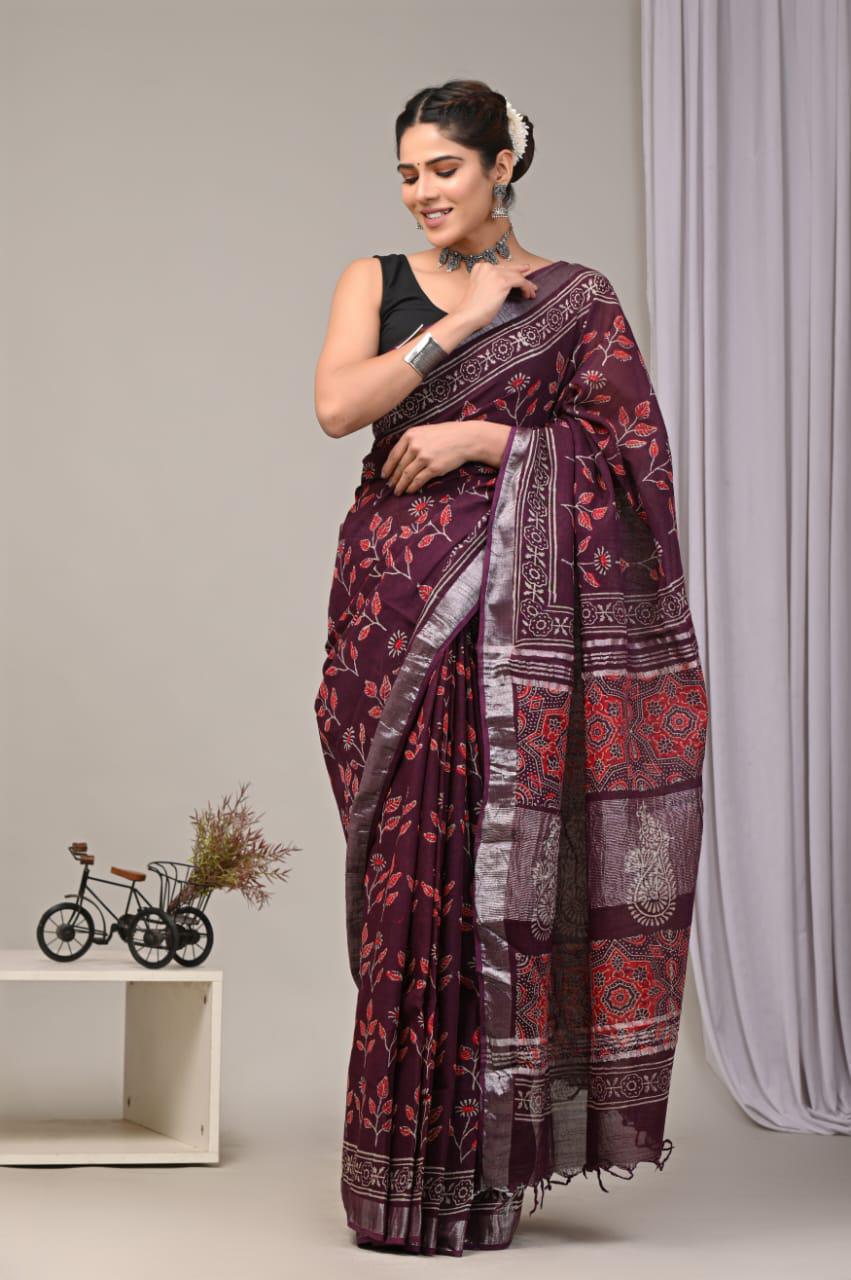 Hand Block Printed Linen Saree With Unstitched Blouse (SWSRLIL08)