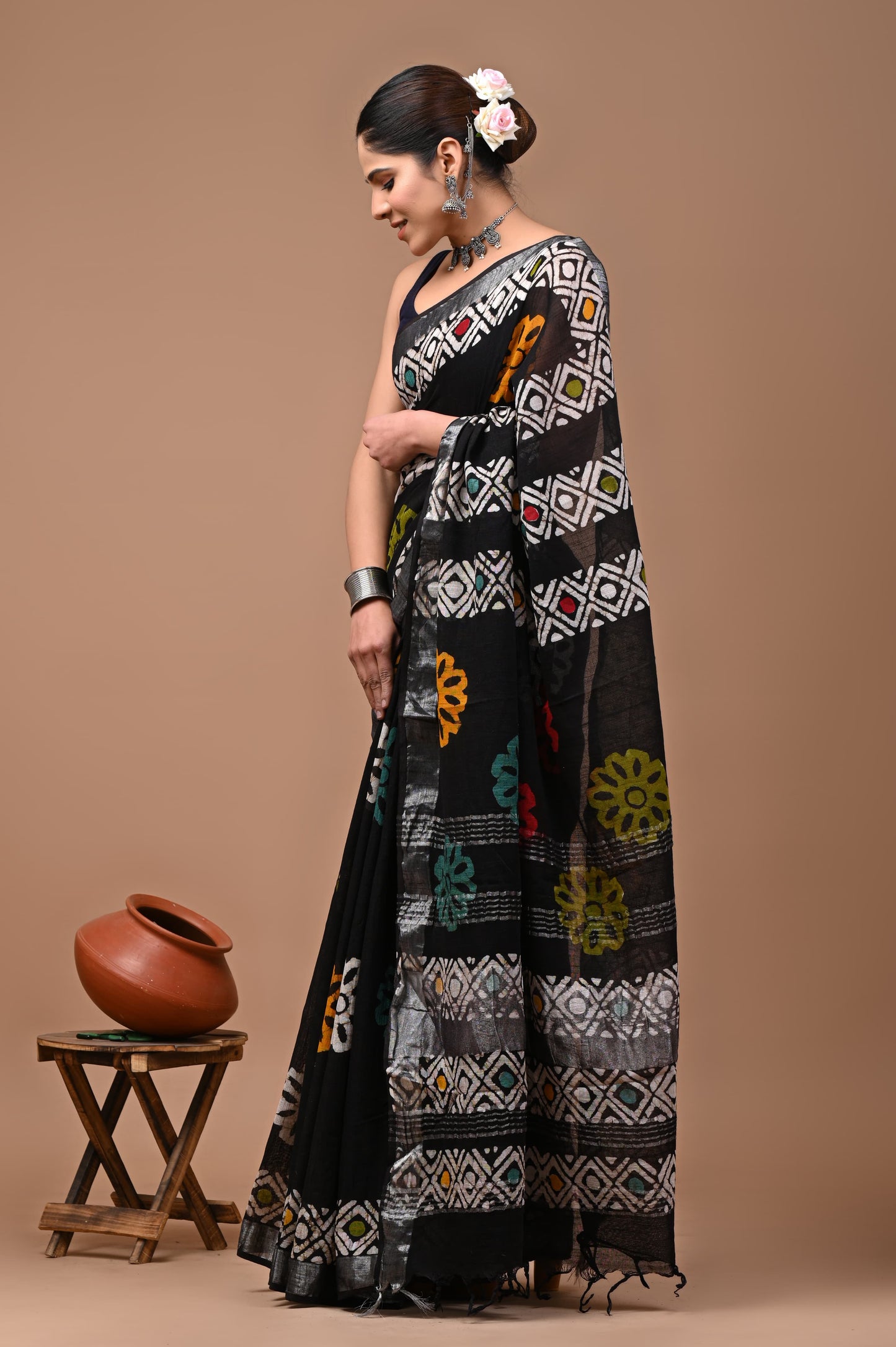 Hand Block Printed Linen Saree With Unstitched Blouse (SWSRLIL03)