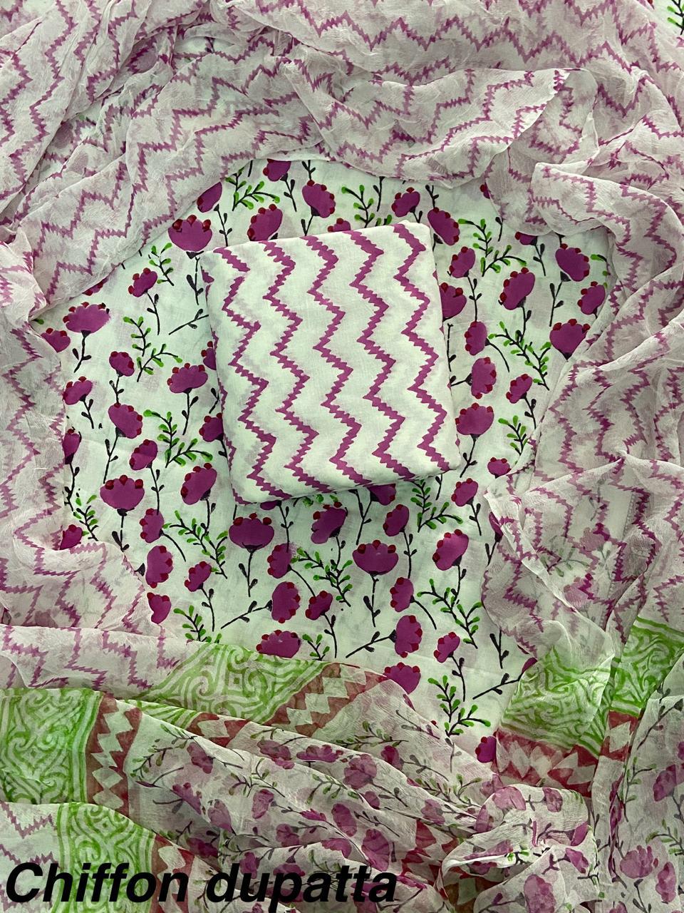 New Premium Hand Block Print Cotton Suit Set with Chiffon Dupatta(WACFCOTMU55)