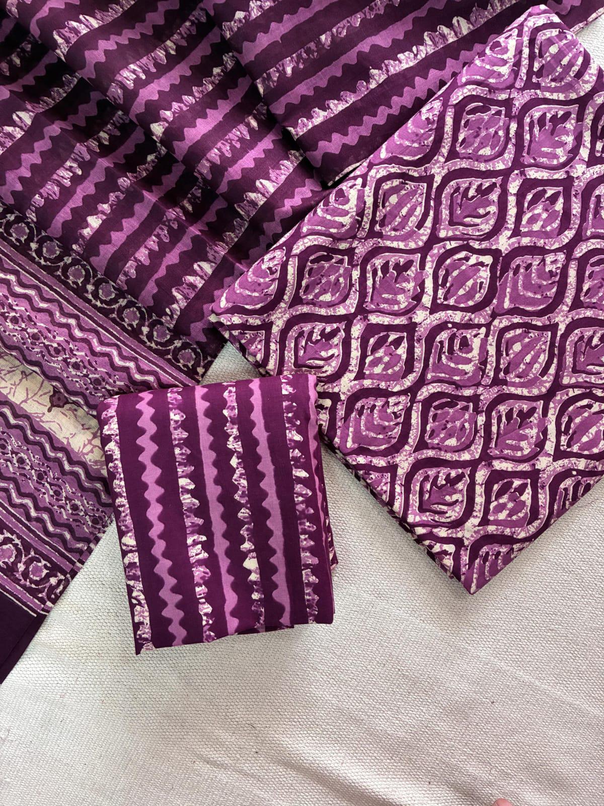 Designer Hand Block Print Cotton Suit Set with Mulmul Dupatta(WACOTMU115)
