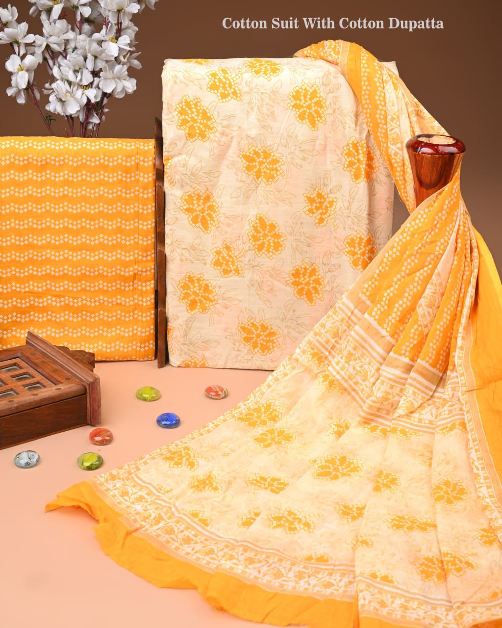 Designer Hand Block Print Cotton Suit Set with Mulmul Dupatta(WACOTMU132)