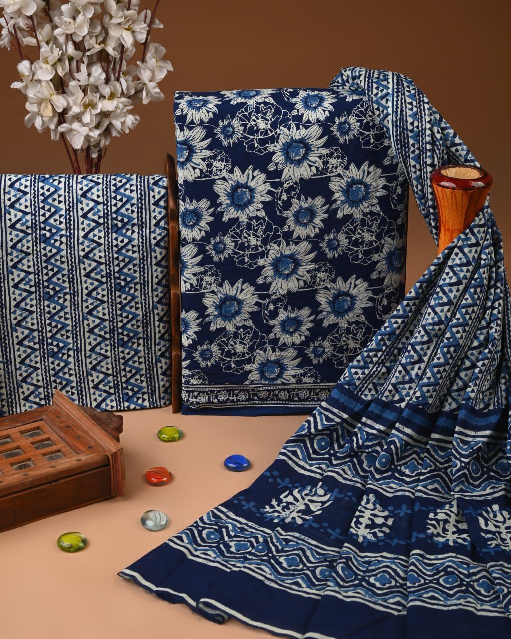 Designer Hand Block Print Cotton Suit Set with Mulmul Dupatta(WACOTMU152)