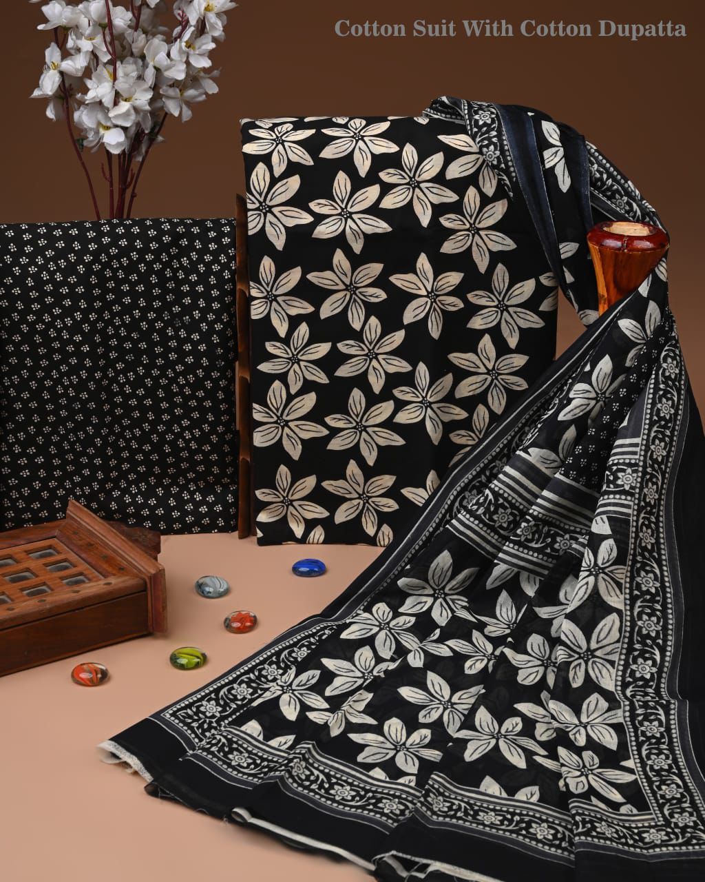 Designer Hand Block Print Cotton Suit Set with Mulmul Dupatta(WACOTMU153)