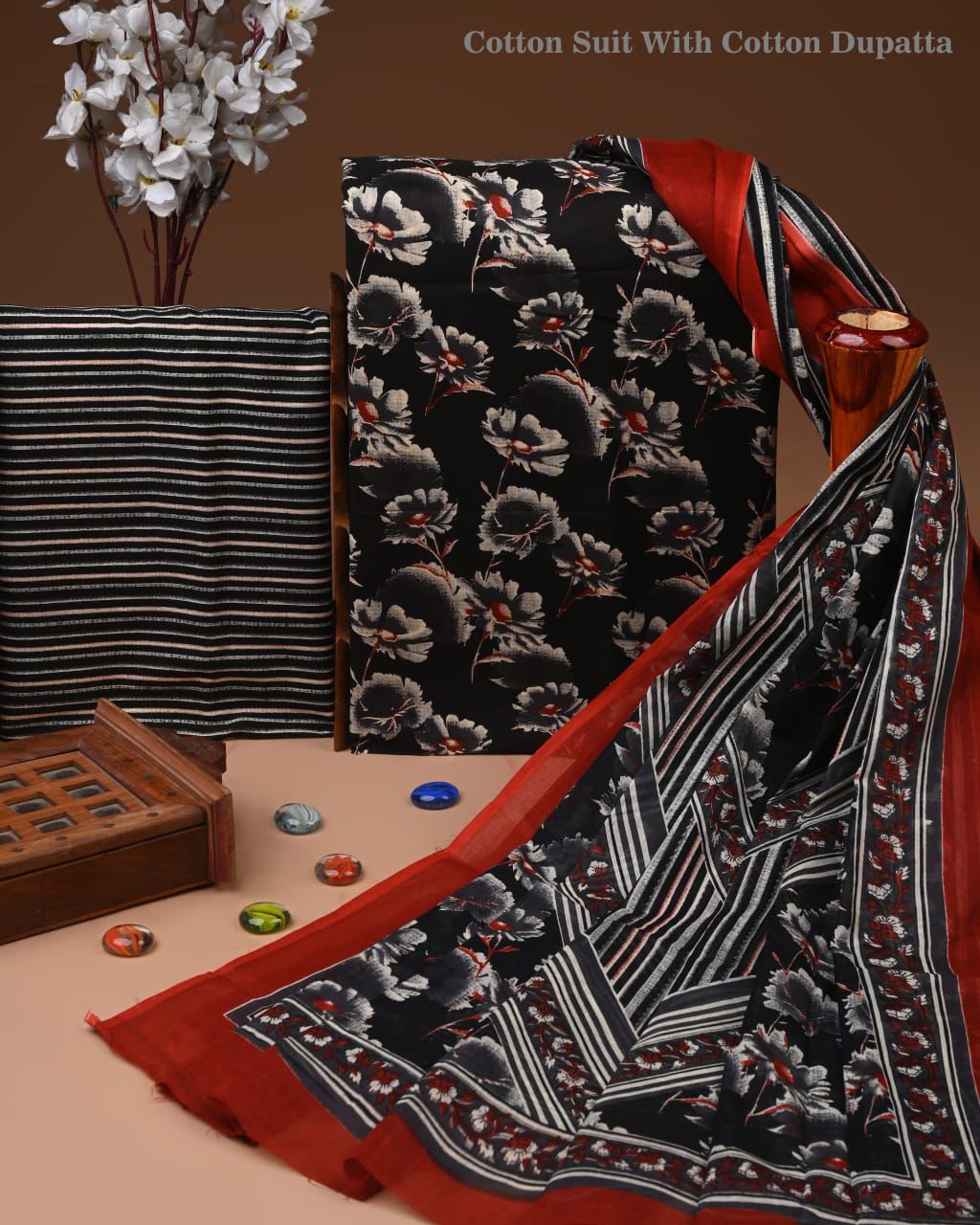 Designer Hand Block Print Cotton Suit Set with Mulmul Dupatta(WACOTMU154)
