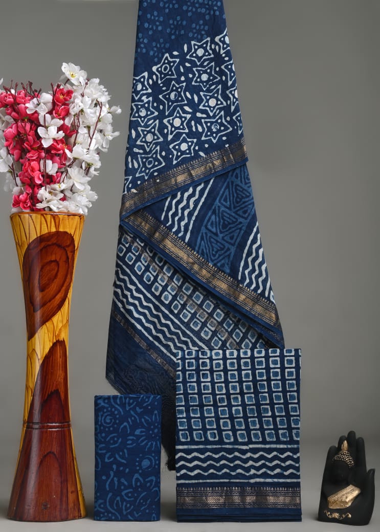 New Exclusive Hand Block Print Maheshwari Silk Suit Set 6