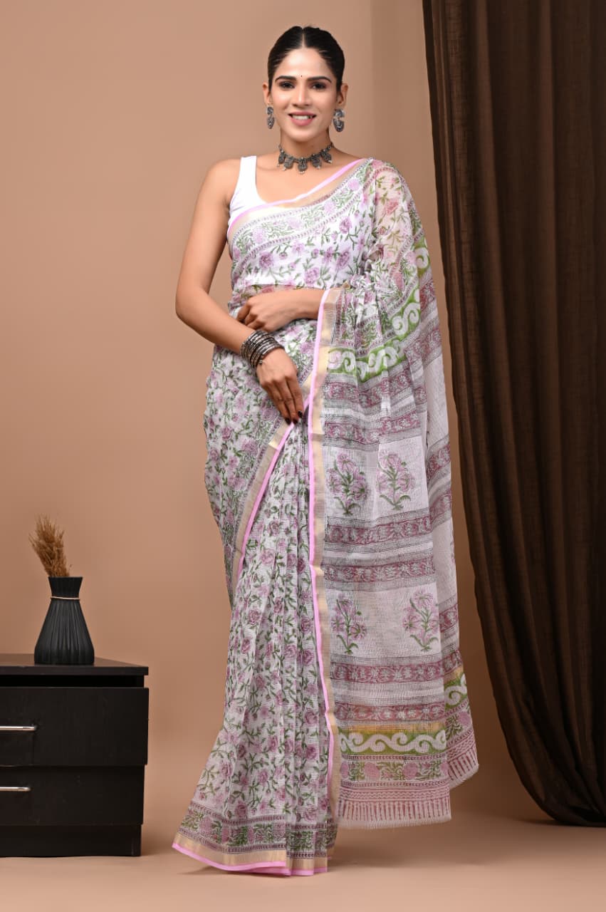Exclusive hand Block Printed Kota Doria Saree (SWSRKO41)