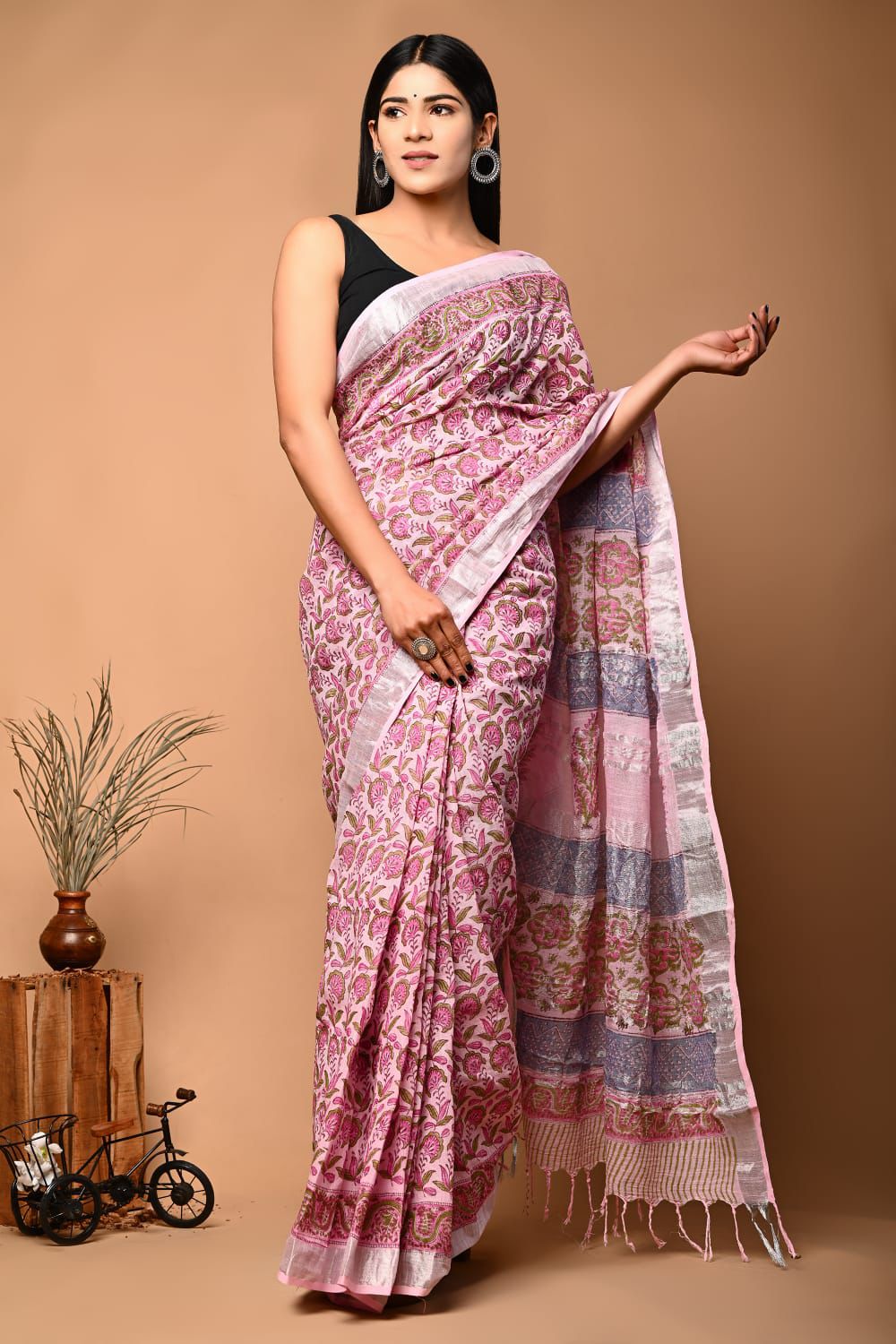 Hand Block Printed Linen Saree With Unstitched Blouse (SWSRLIL01)