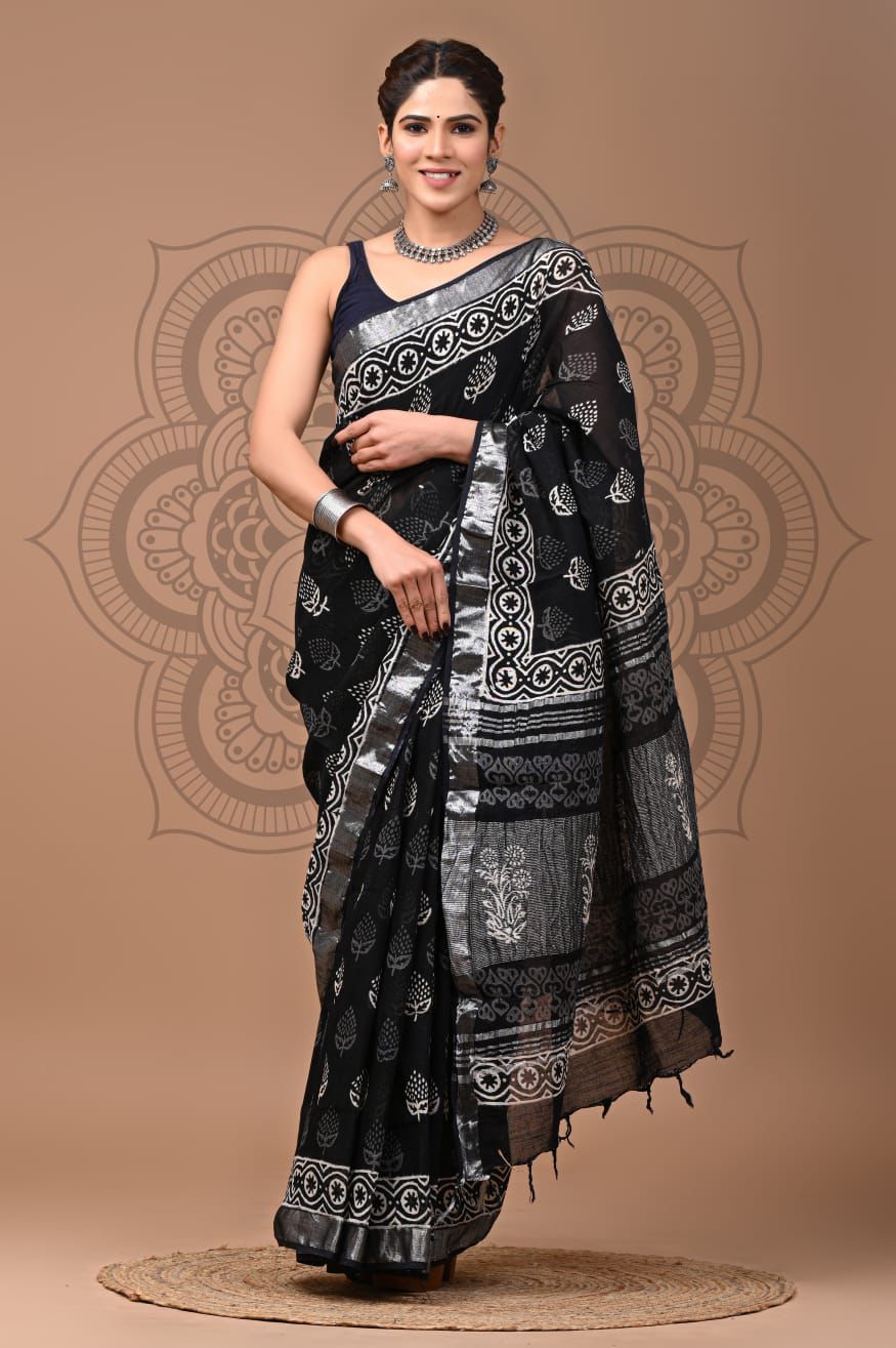 Hand Block Printed Linen Saree With Unstitched Blouse (SWSRLIL02)