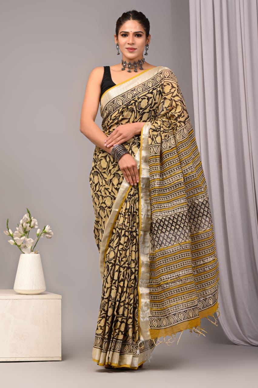 Hand Block Printed Linen Saree With Unstitched Blouse (SWSRLIL03)