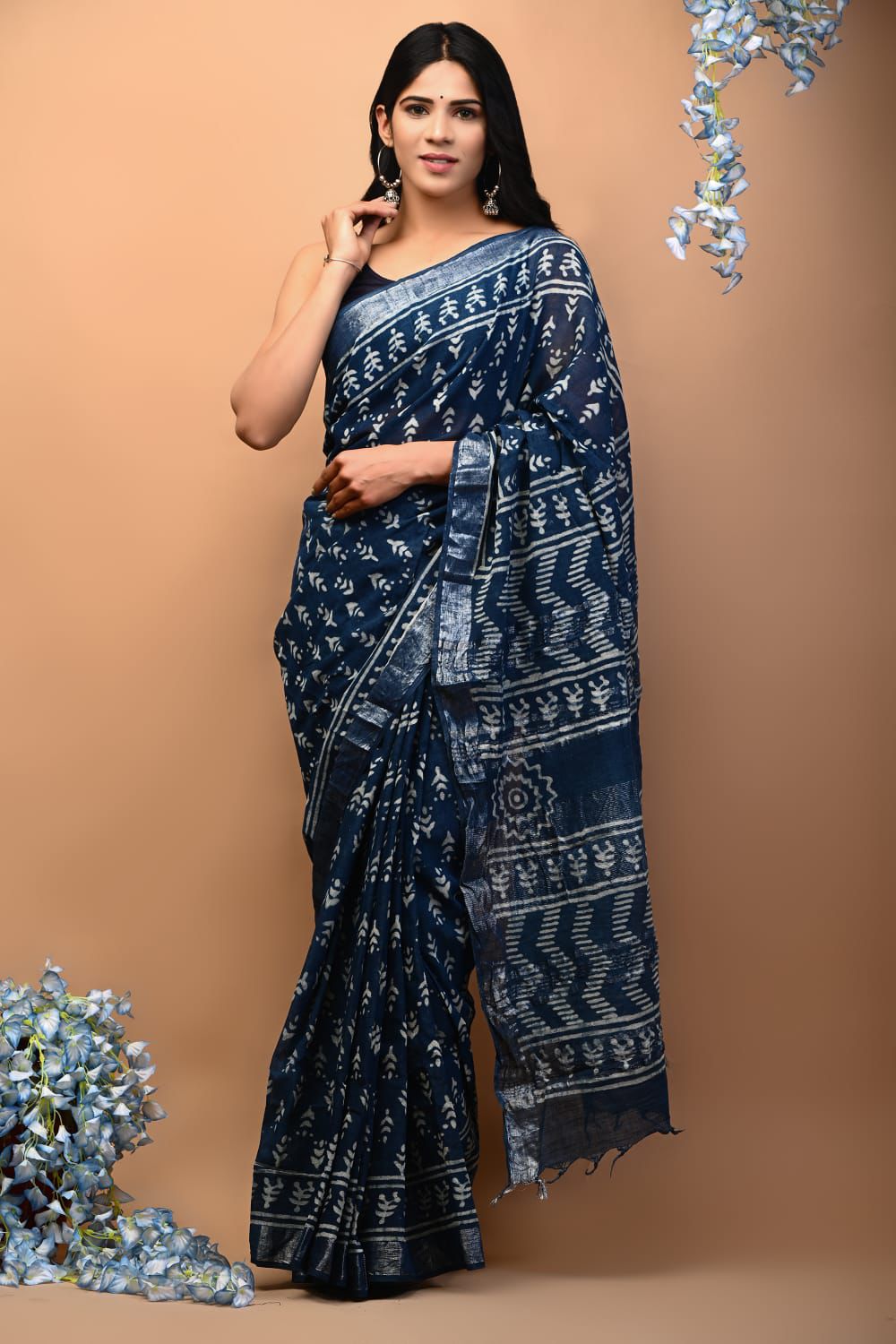 Hand Block Printed Linen Saree With Unstitched Blouse (SWSRLIL05)