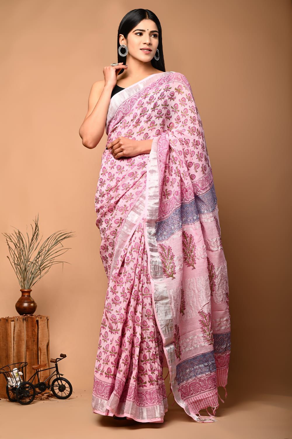 Hand Block Printed Linen Saree With Unstitched Blouse (SWSRLIL16)