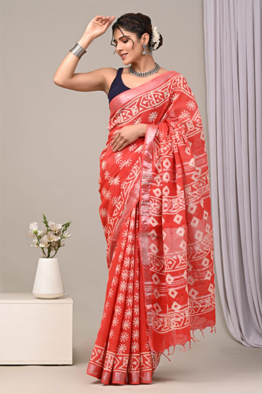 Hand Block Printed Linen Saree With Unstitched Blouse (SWSRLIL18)