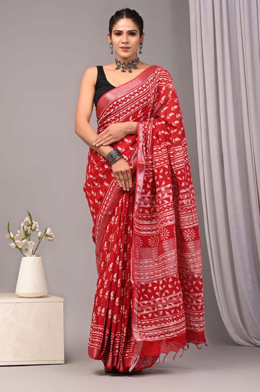 Hand Block Printed Linen Saree With Unstitched Blouse (SWSRLIL19)