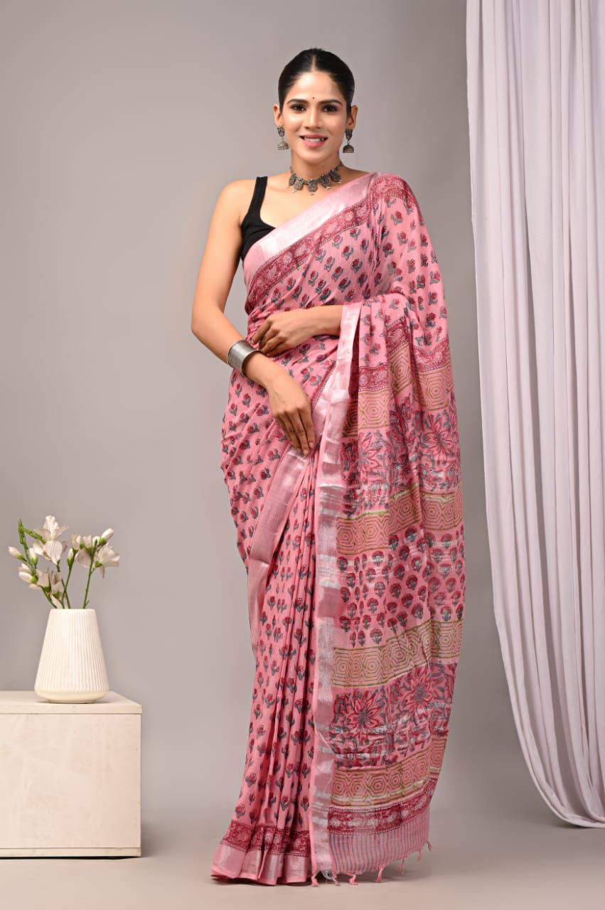 Hand Block Printed Linen Saree With Unstitched Blouse (SWSRLIL24)