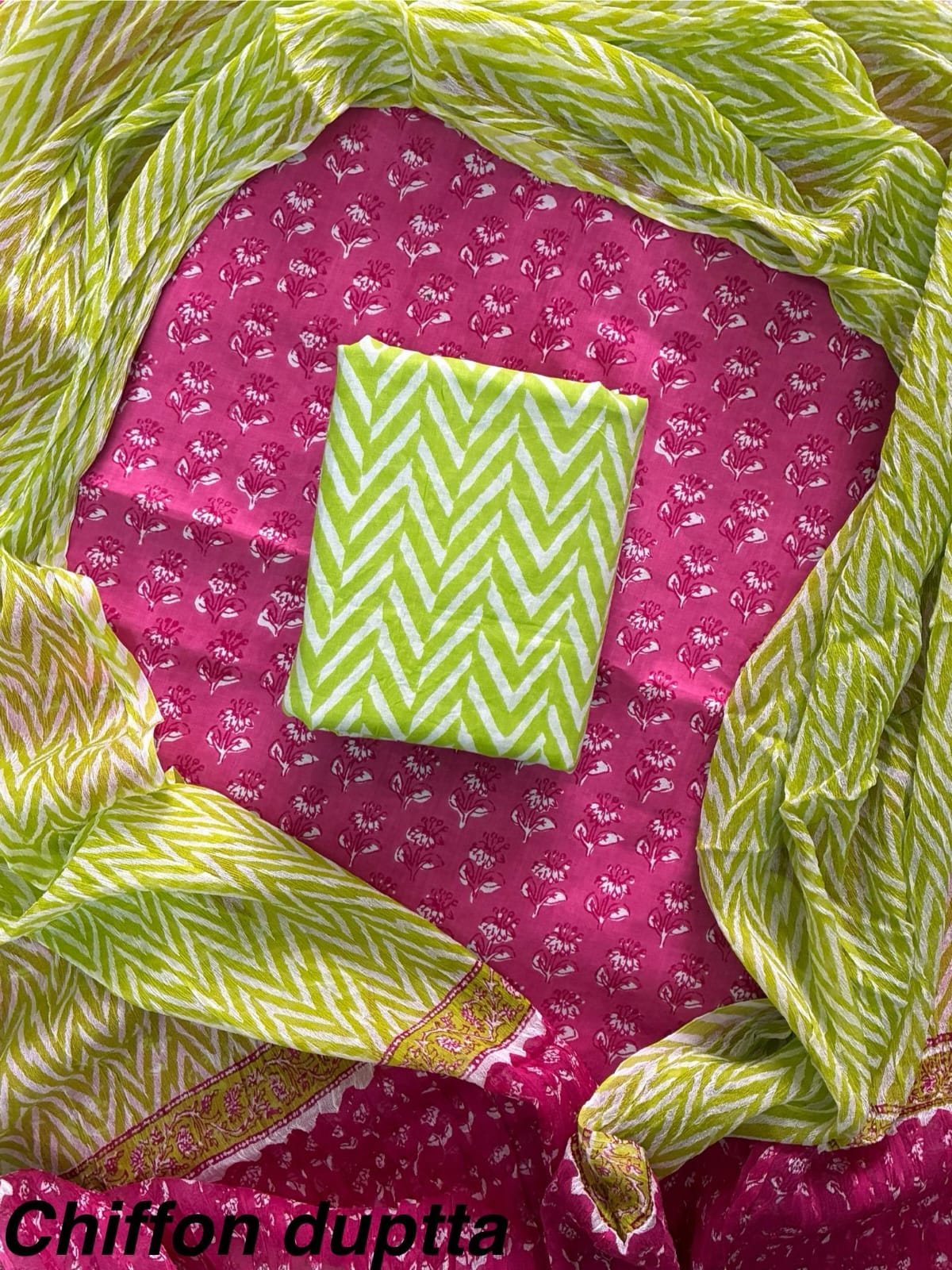 New Premium Hand Block Print Cotton Suit Set with Chiffon Dupatta(WACFCOTMU55)