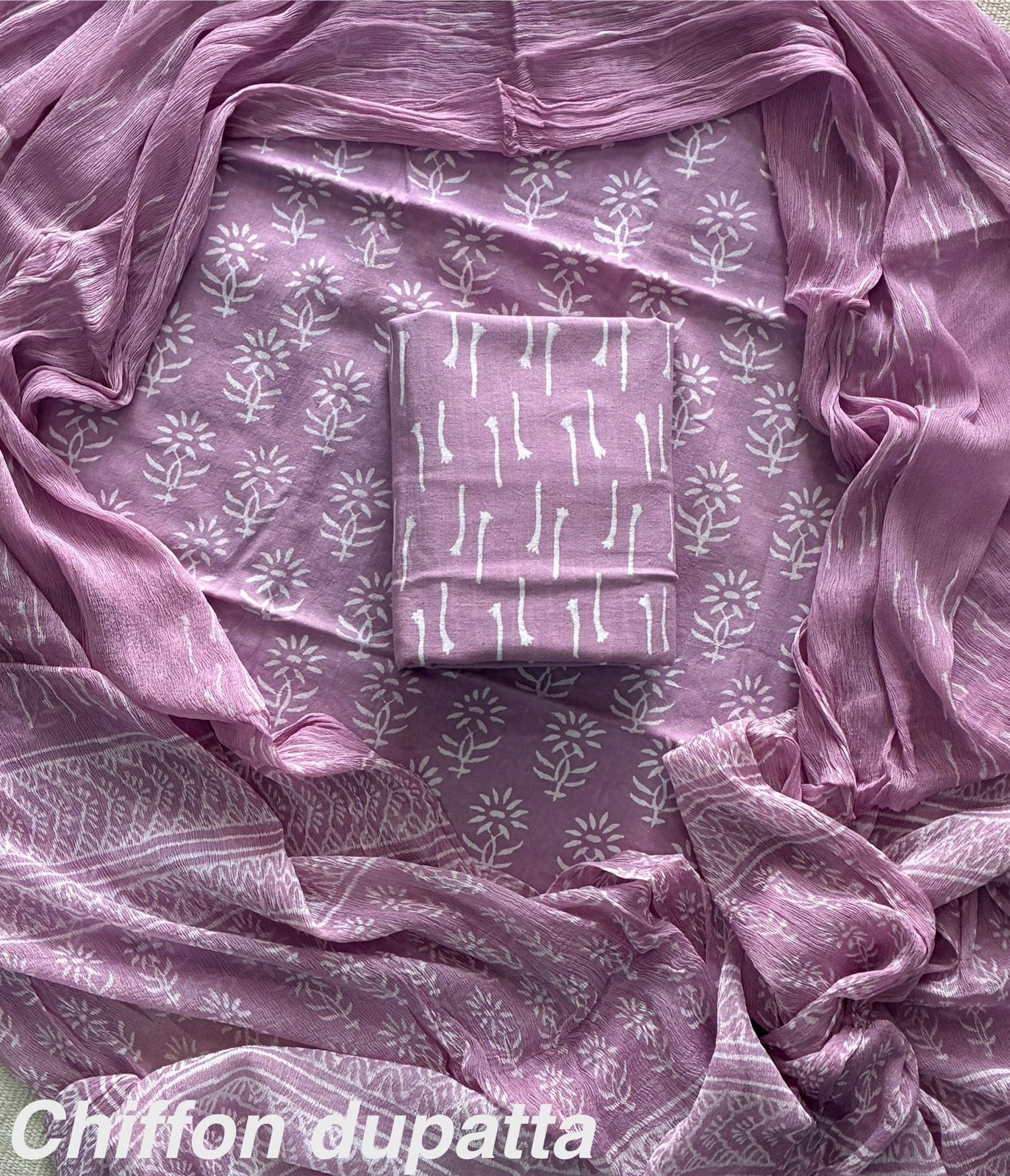 Exclusive Hand Block Print Cotton Suit Set with Chiffon Dupatta(WACFCOTMU27)