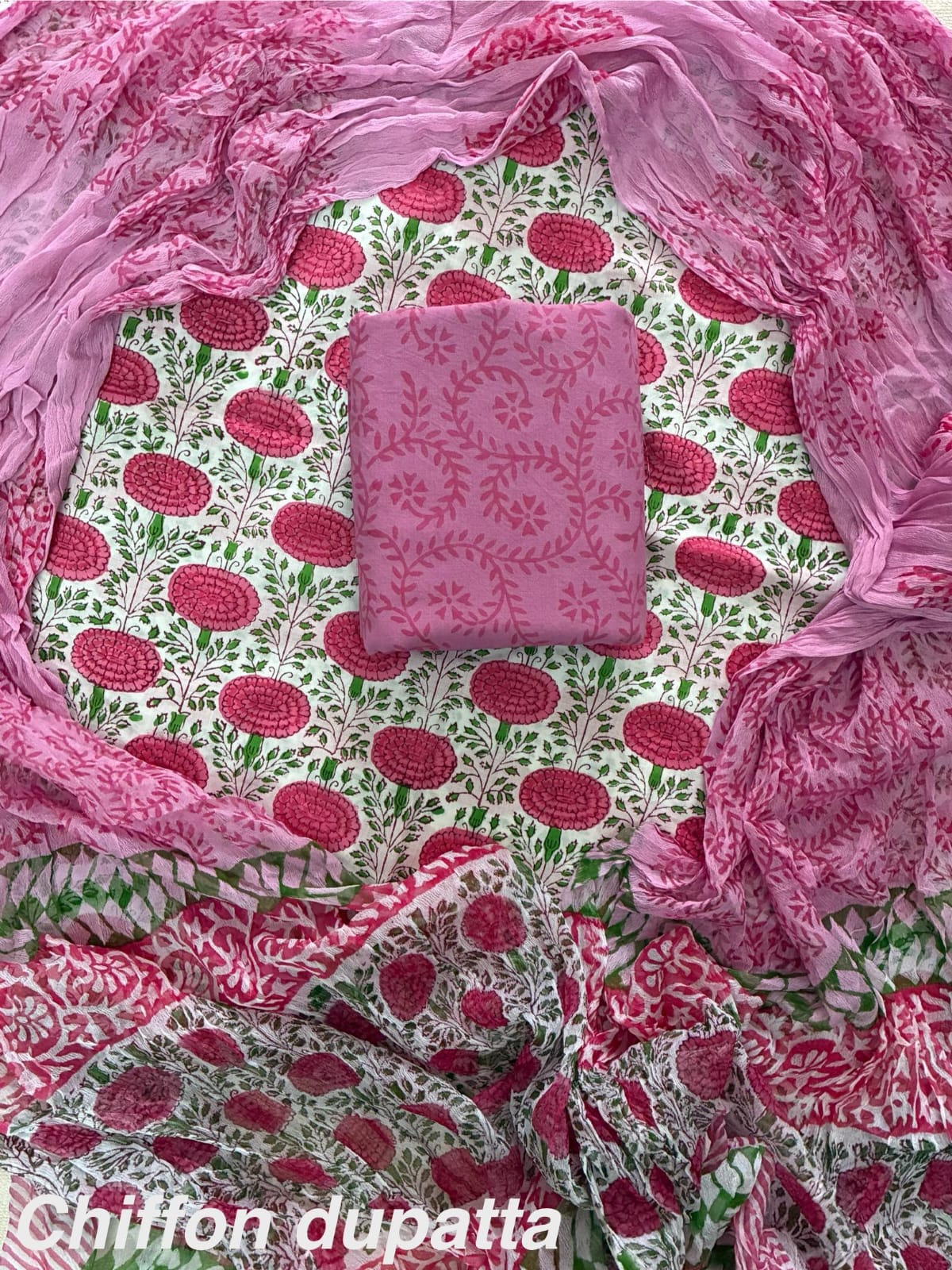 New Premium Hand Block Print Cotton Suit Set with Chiffon Dupatta(WACFCOTMU19)
