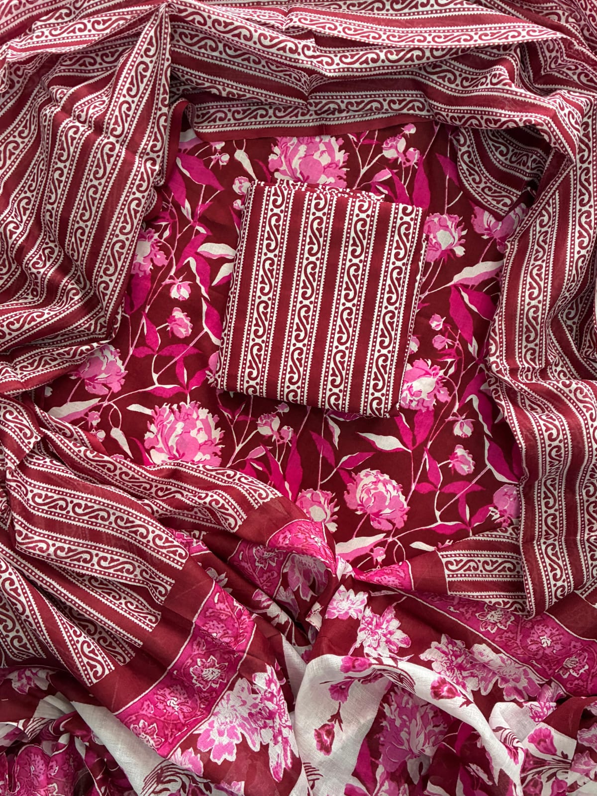 Designer Hand Block Print Cotton Suit Set with Mulmul Dupatta(WACOTMU118)