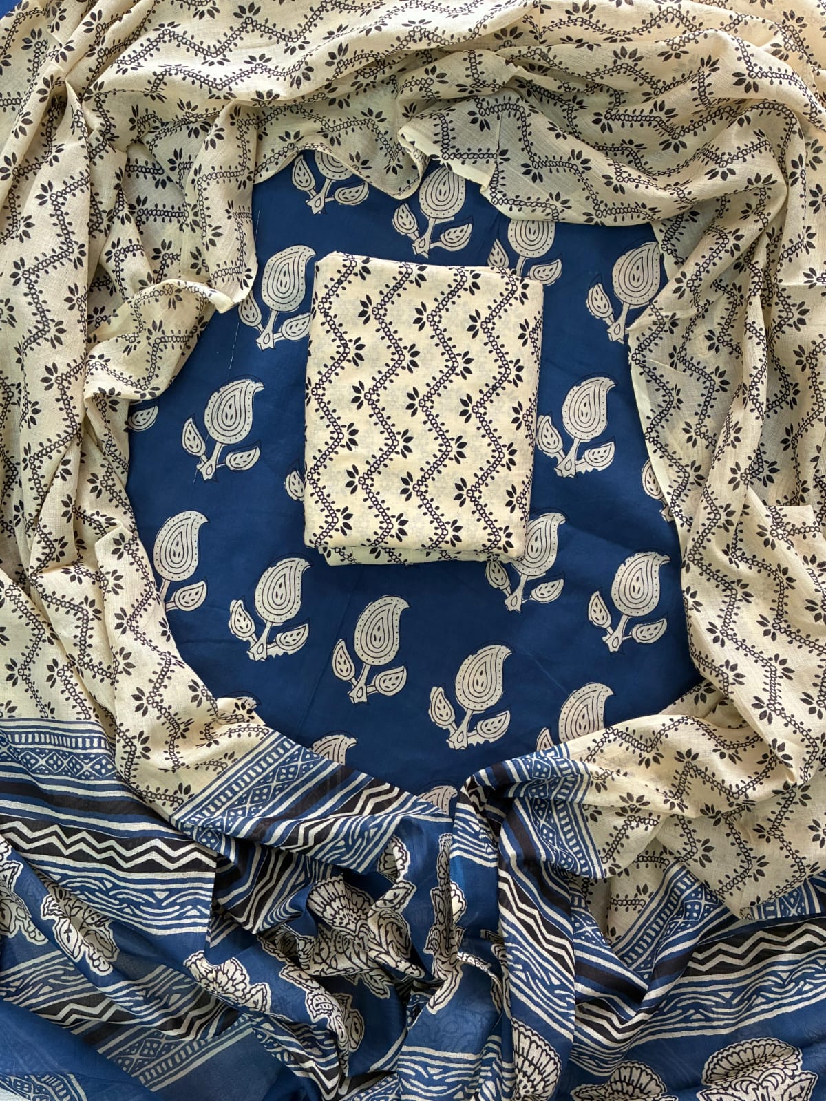 Designer Hand Block Print Cotton Suit Set with Mulmul Dupatta(WACOTMU108)
