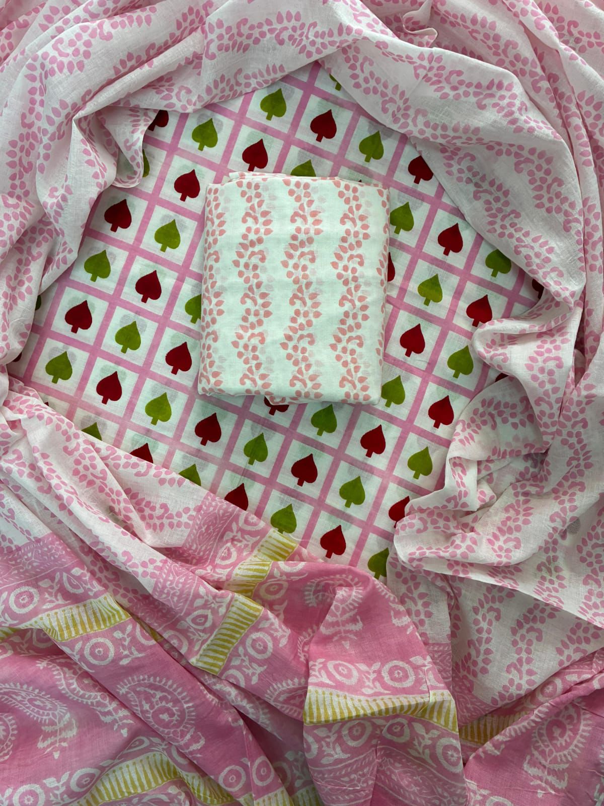 Designer Hand Block Print Cotton Suit Set with Mulmul Dupatta(WACOTMU122)