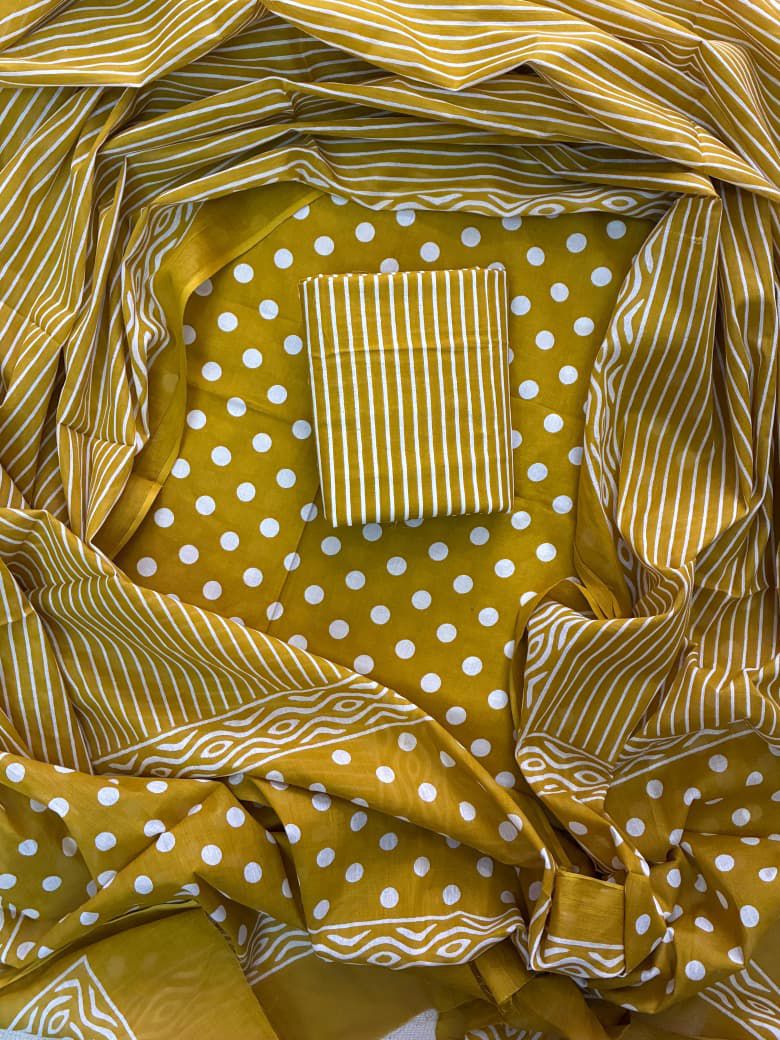 Designer Hand Block Print Cotton Suit Set with Mulmul Dupatta(WACOTMU110)