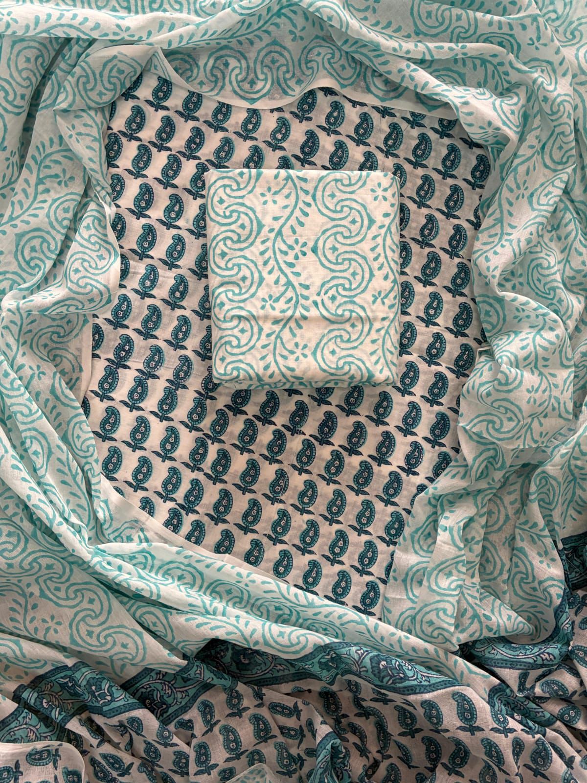 ELEGANT HAND BLOCK PRINT COTTON SUIT SET WITH MULMUL DUPATTA(WACOTMU08)