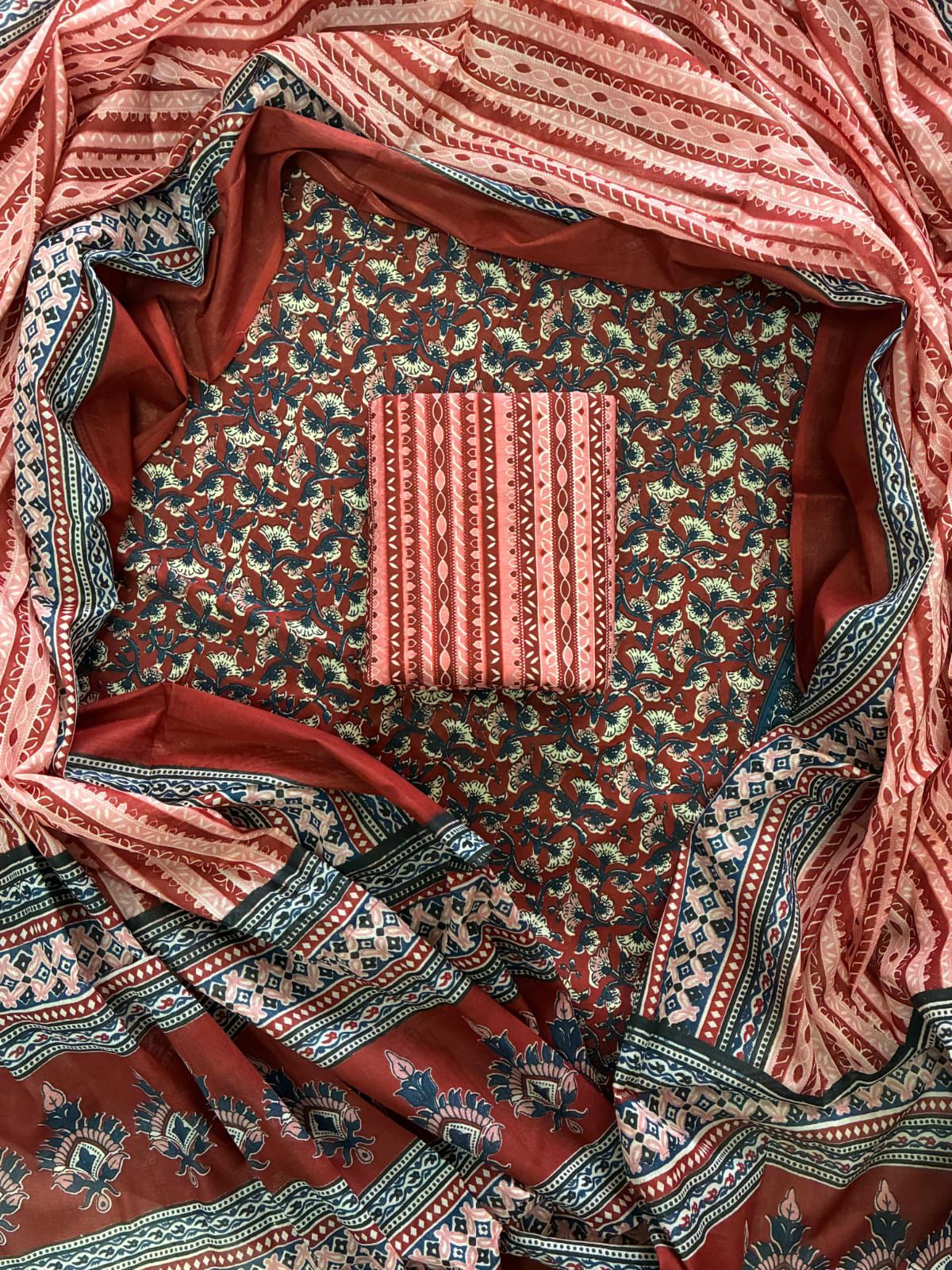 ELEGANT HAND BLOCK PRINT COTTON SUIT SET WITH MULMUL DUPATTA(WACOTMU06)