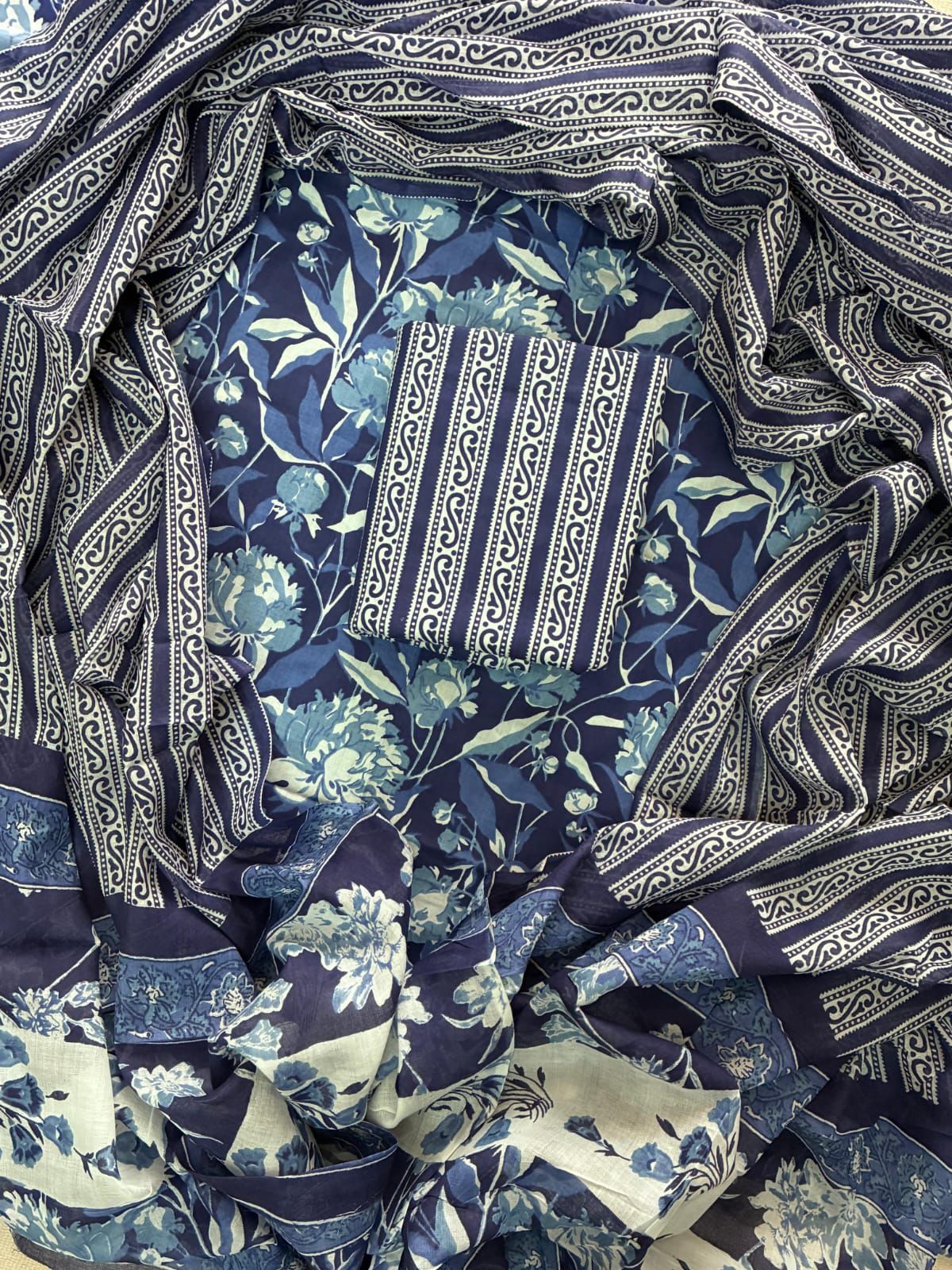 ELEGANT HAND BLOCK PRINT COTTON SUIT SET WITH MULMUL DUPATTA(WACOTMU11)