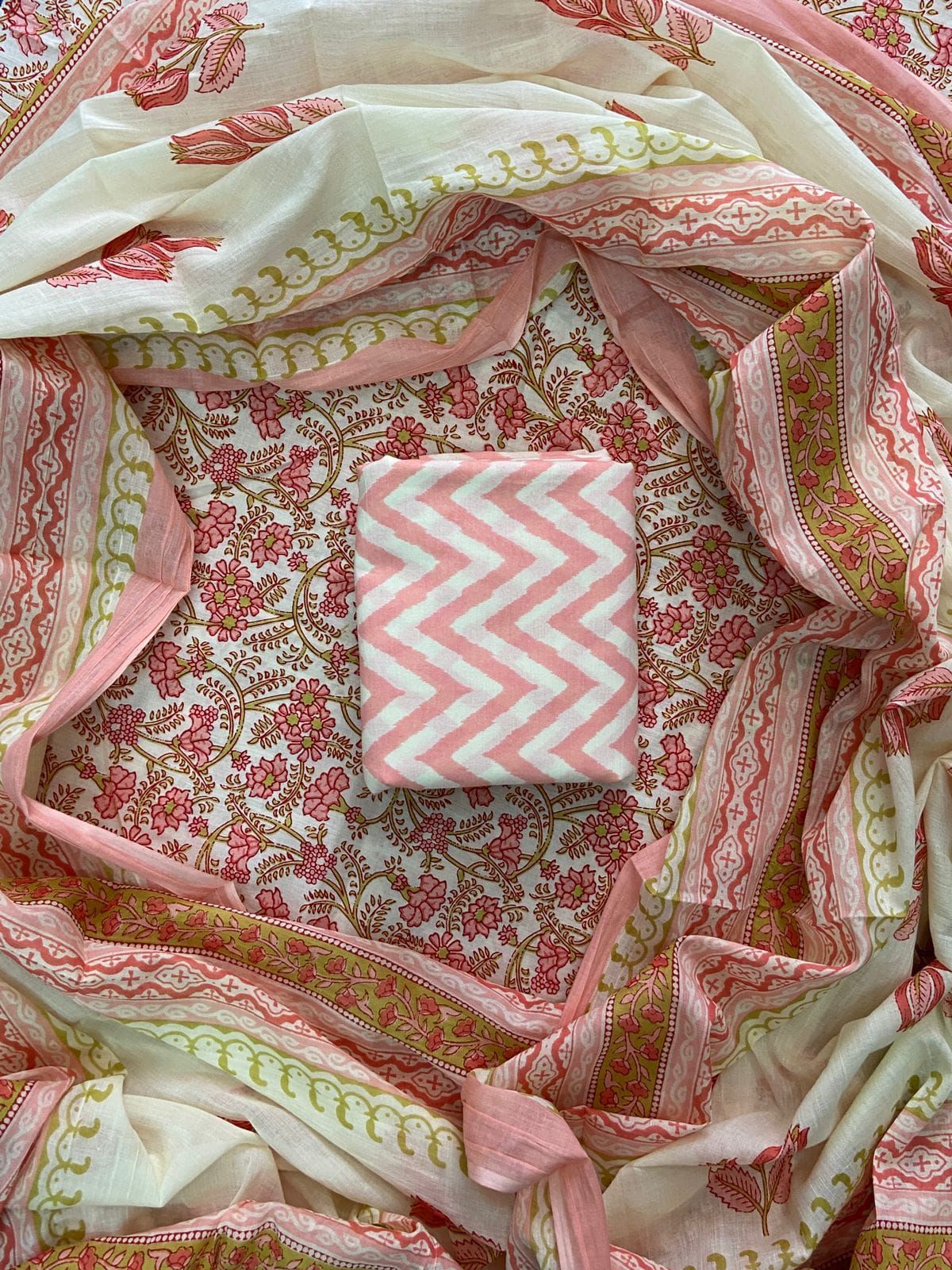 Designer Hand Block Print Cotton Suit Set with Mulmul Dupatta(WACOTMU130)