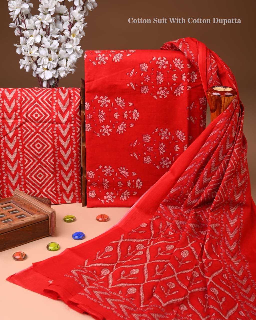 HAND BLOCK PRINT COTTON SUIT SET WITH MULMUL DUPATTA(WACOTMU88)