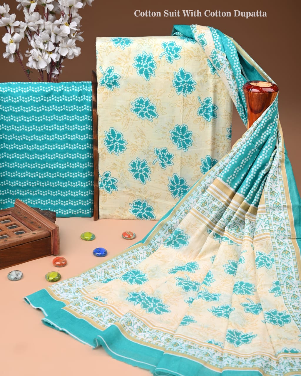 Designer Hand Block Print Cotton Suit Set with Mulmul Dupatta(WACOTMU151)