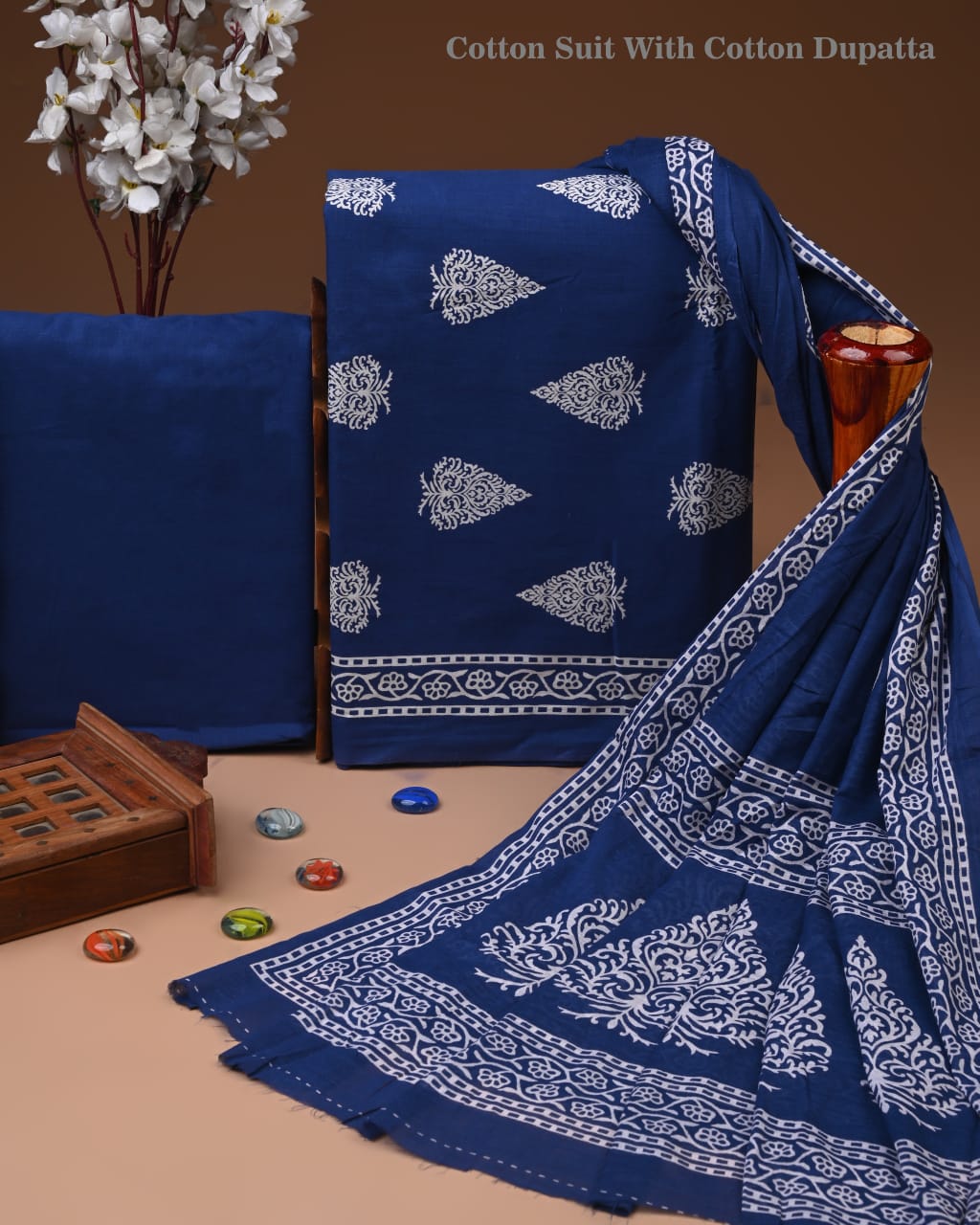 Designer Hand Block Print Cotton Suit Set with Mulmul Dupatta(WACOTMU145)
