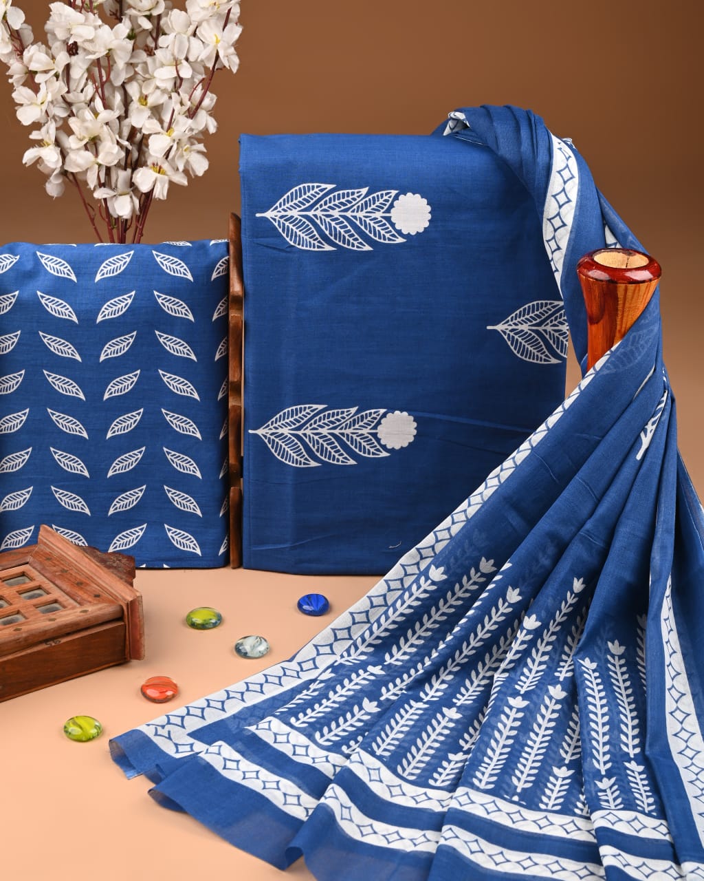Designer Hand Block Print Cotton Suit Set with Mulmul Dupatta(WACOTMU142)