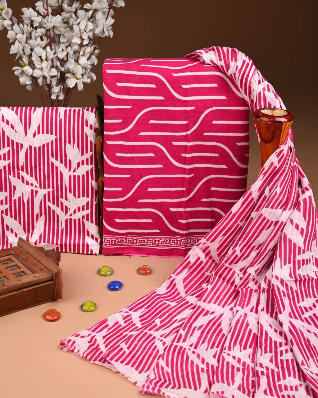 Designer Hand Block Print Cotton Suit Set with Mulmul Dupatta(WACOTMU140)