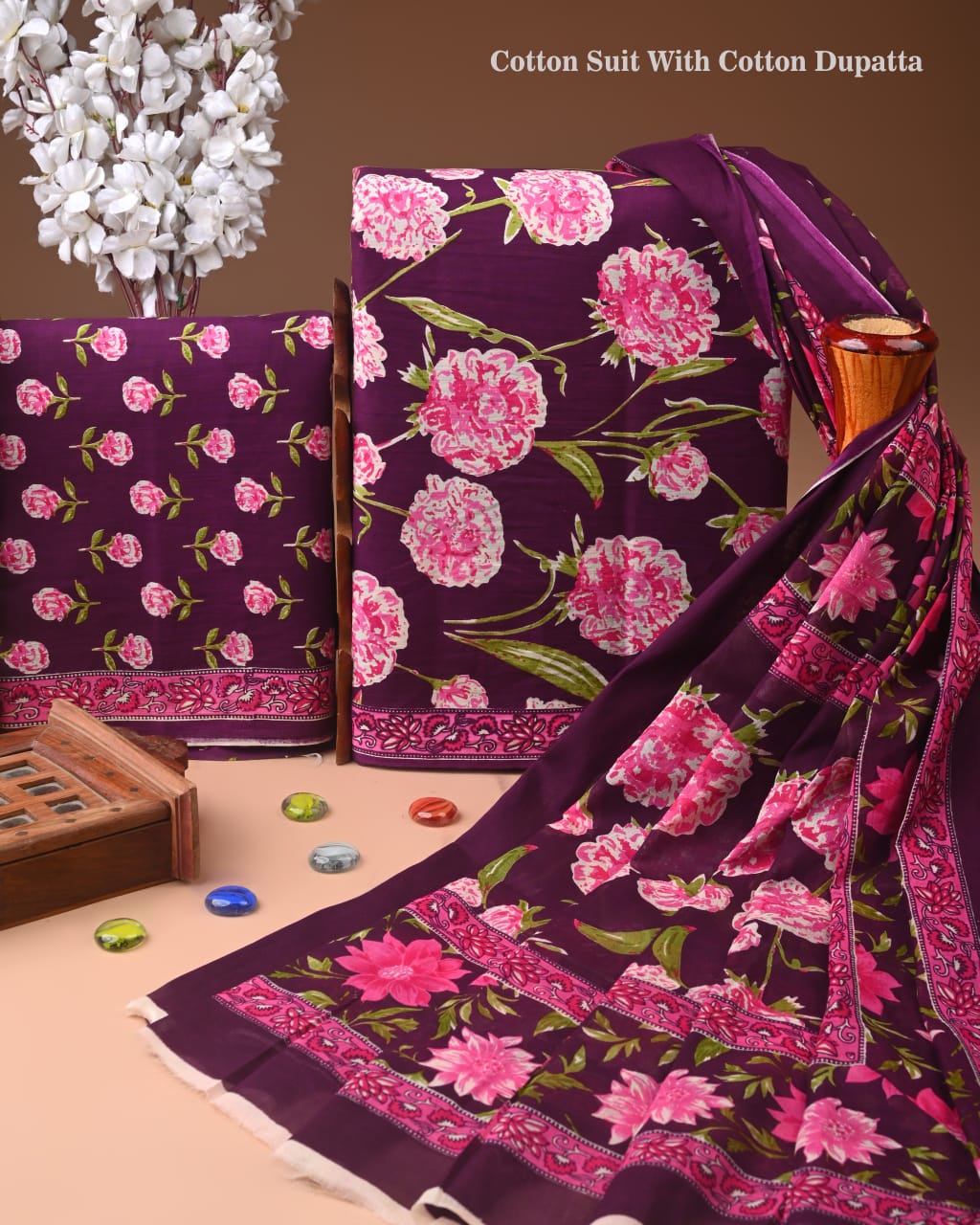 Designer Hand Block Print Cotton Suit Set with Mulmul Dupatta(WACOTMU136)