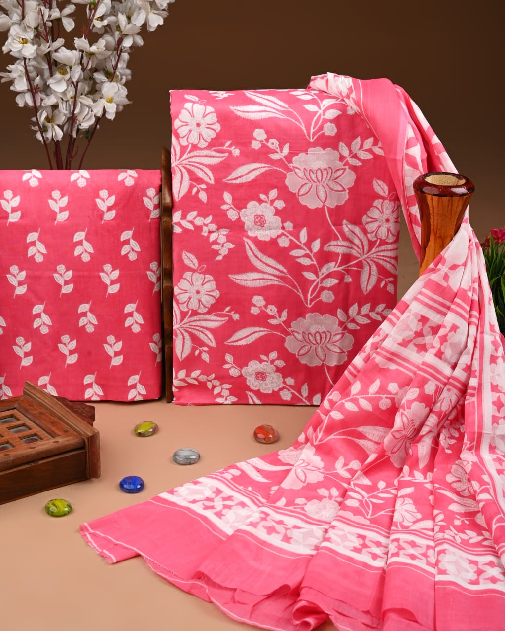 Designer Hand Block Print Cotton Suit Set with Mulmul Dupatta(WACOTMU137)