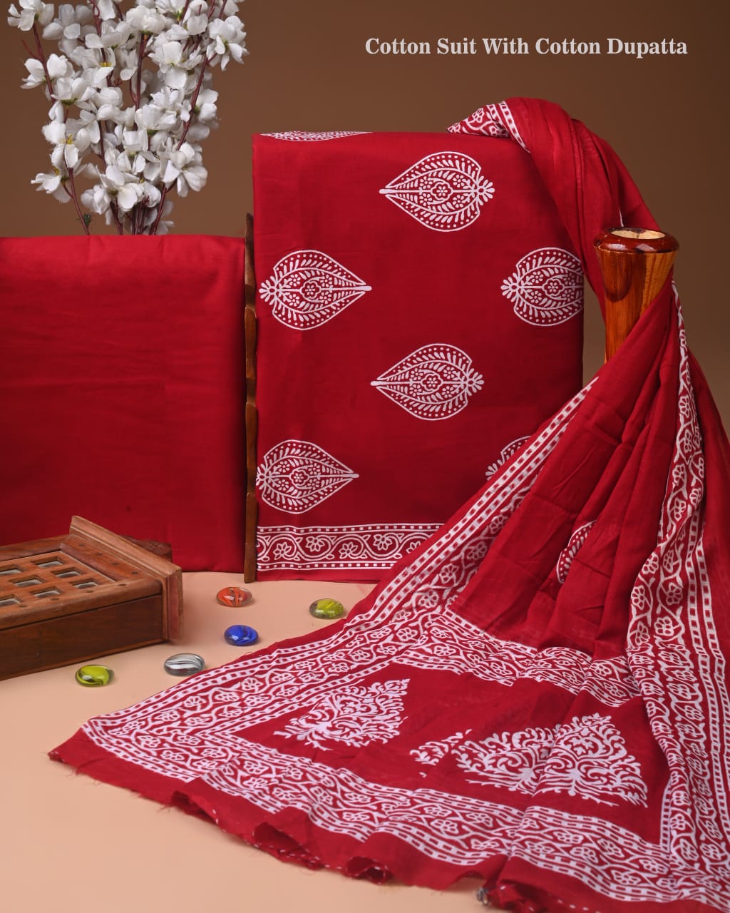 Designer Hand Block Print Cotton Suit Set with Mulmul Dupatta(WACOTMU155)