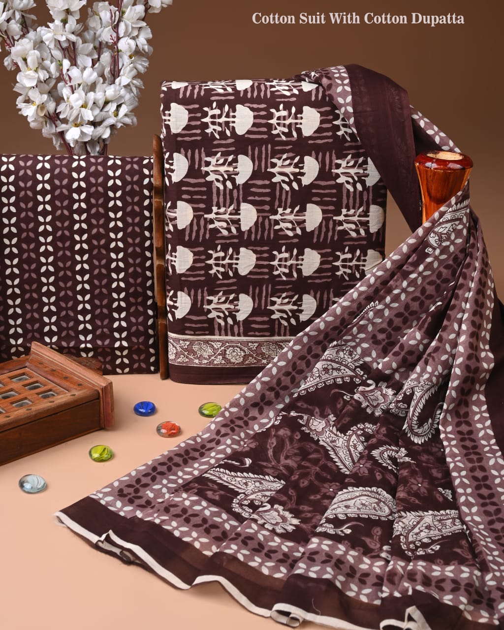 Designer Hand Block Print Cotton Suit Set with Mulmul Dupatta(WACOTMU154)