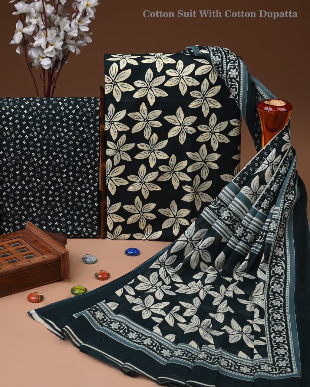 Designer Hand Block Print Cotton Suit Set with Mulmul Dupatta(WACOTMU183)